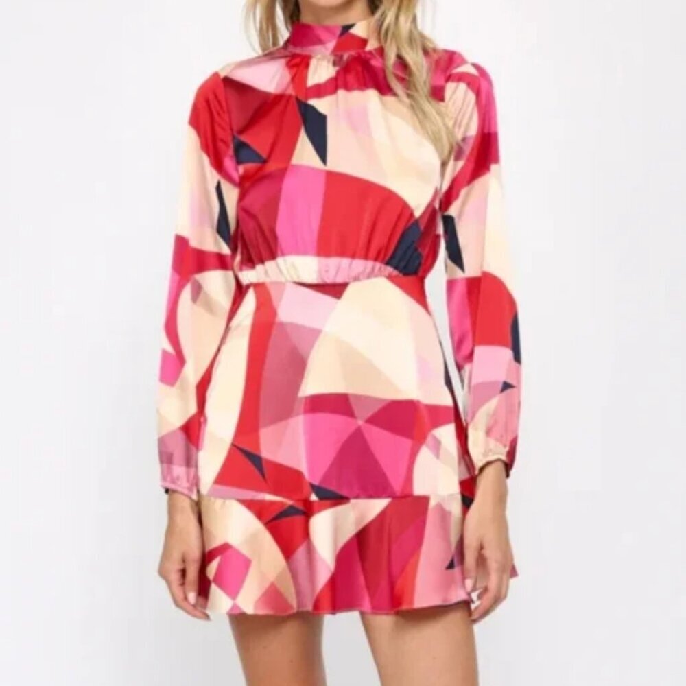 FATE Long Sleeve Pink Multicolor Puzzle Me Satin Mini Dress Size Medium (326)